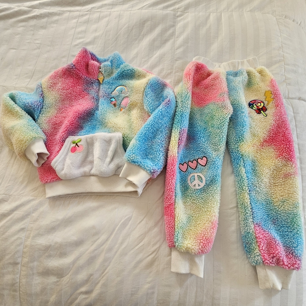 Lola & The Boys Sherpa Fleece Tie-dye Patch Pullover & Jogger Set, 6